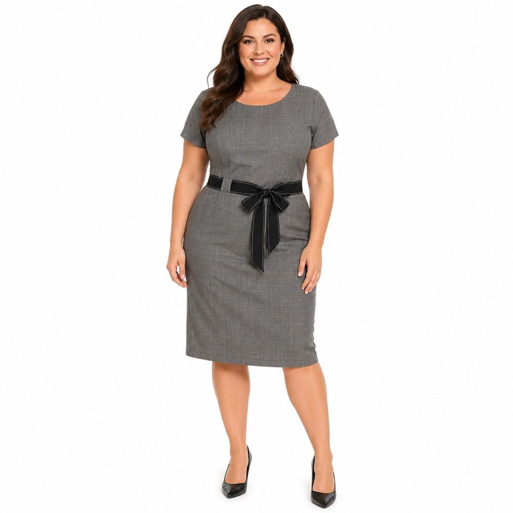 Studio I 20W Gray Plaid Sheath Dress Black Ribbon Belt Plus Sz 20W Career Office